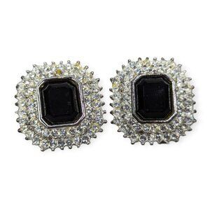 Roman Silver Tone w/White Rhinstones with Black Center Gem Post Earrings
